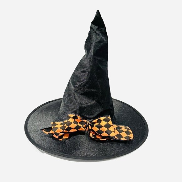 Witch Hat Black w/ Orange Black Diamond Pattern Bow Halloween Costume - Picture 1 of 6